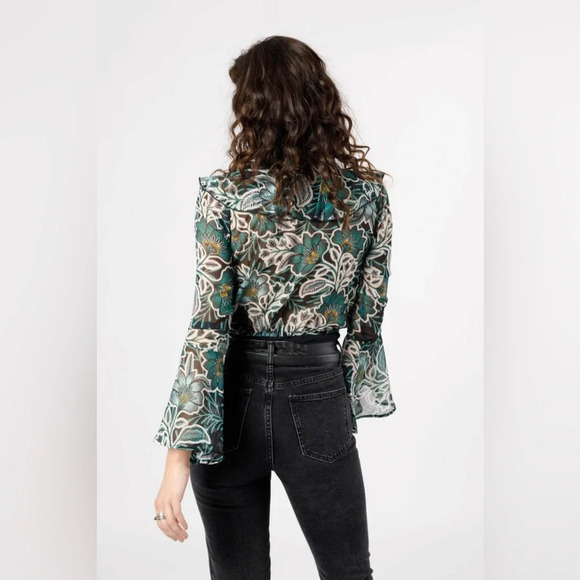 Band of the Free BohoV-Neck Floral Print Ruffle Sleeve Sheer body Suit | Large| - Picture 3 of 5